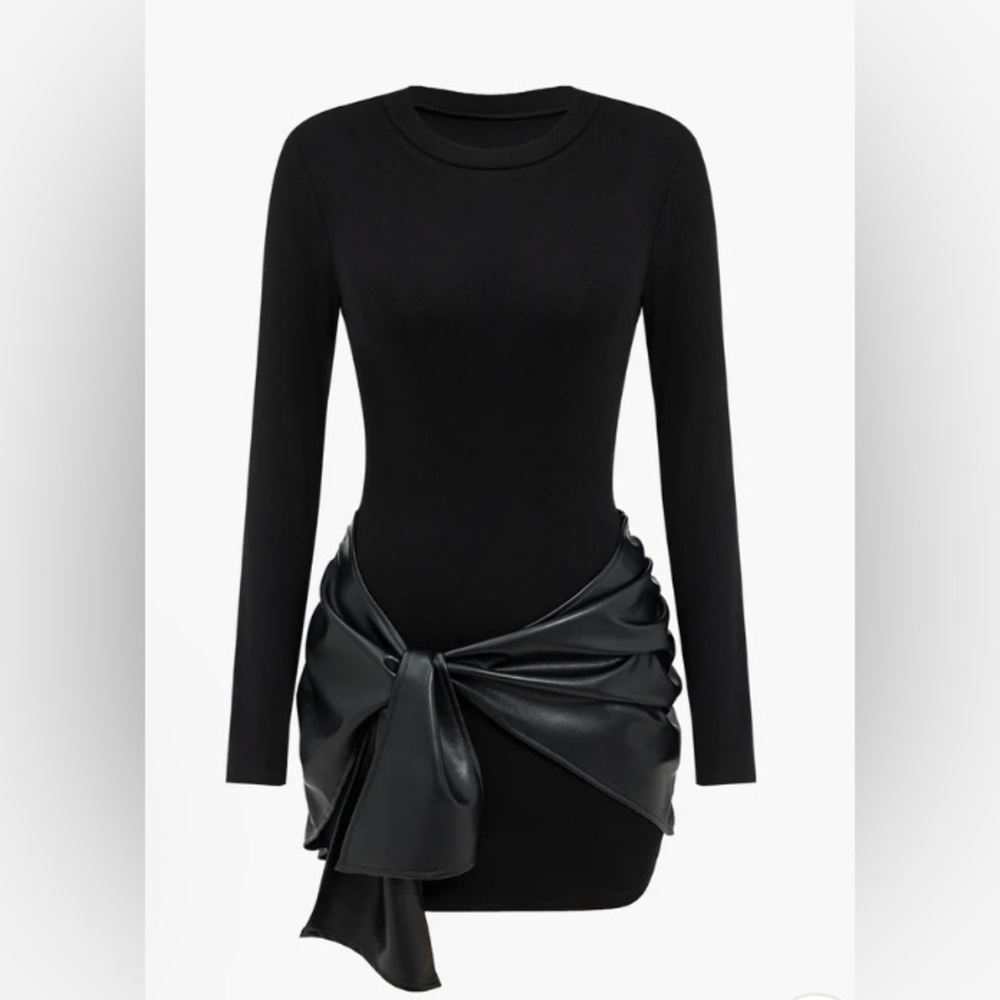 New Faux Leather Tie Front Round Neck Ruched Mini Dress